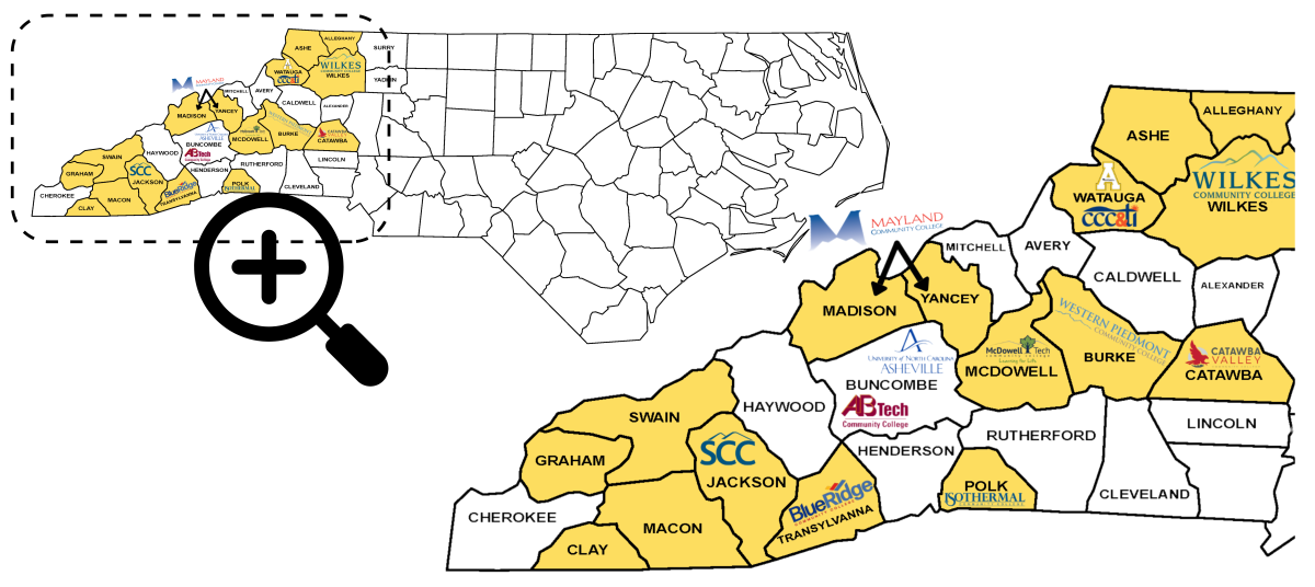 GEAR UP Service Area Map with partner districts highlighted and IHEs marked